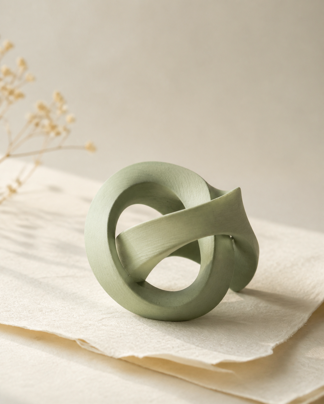 A sculptural 3D printed object in a quiet studio setting